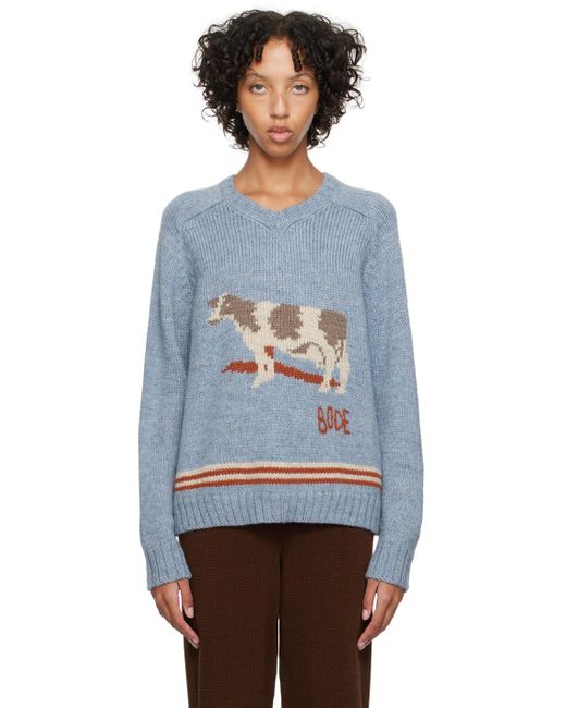 Bode Blue Cattle Intarsia Wool Sweater