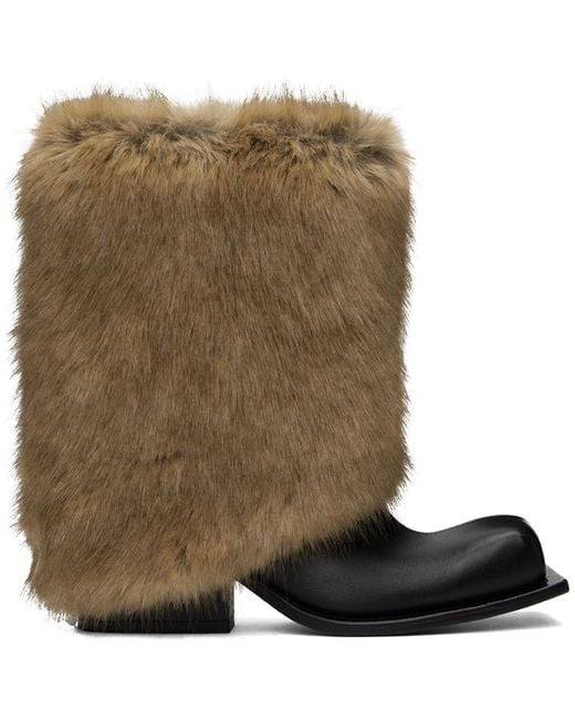FIDAN NOVRUZOVA Green Layered Leather Ankle Boots with Faux-Fur Collar