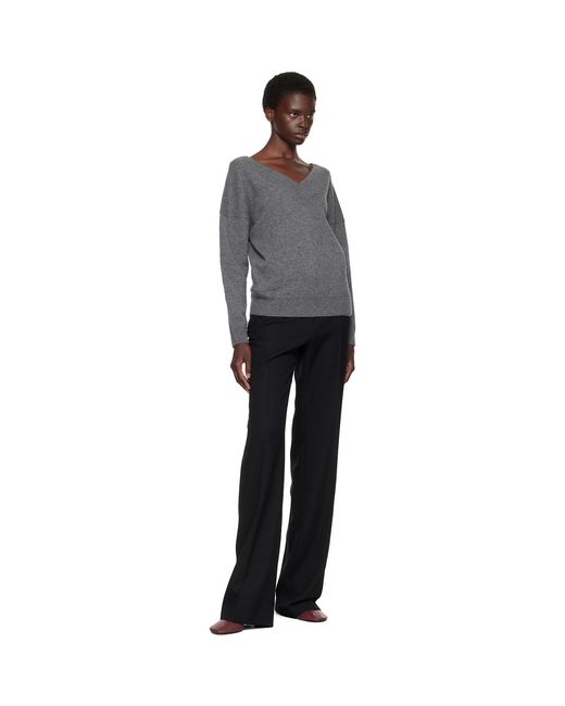 Tom Ford Gray Cashmere Off-The-Shoulder V-Neck Sweater