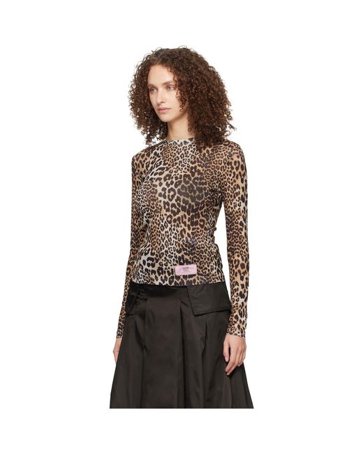 Ganni Black Leopard Printed Mesh Long Sleeve T-Shirt