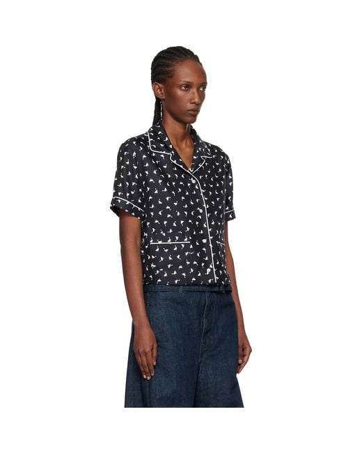 Moschino Black All Over Small Goose Print Silk Twill Blouse