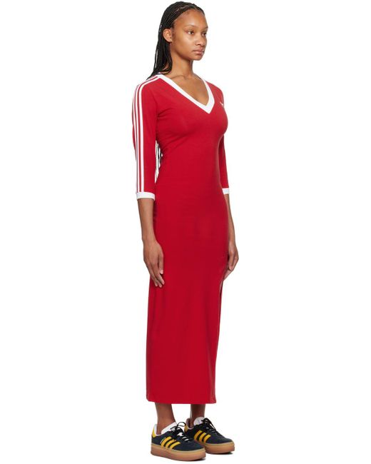 Robe longue rouge à garnitures à trois rayures Adidas Originals en coloris Red