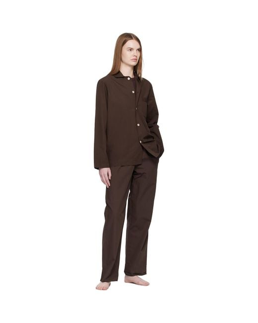 Tekla Brown Poplin Long-Sleeved Pyjama Shirt