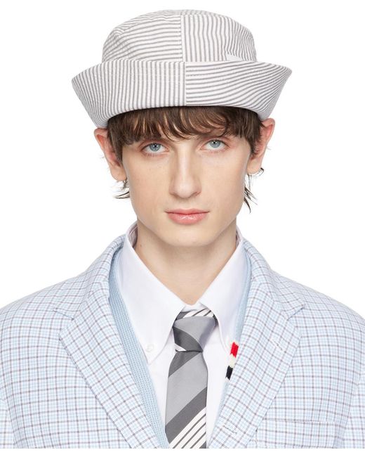 Thom Browne White & Gray Quarter Combo Bucket Hat for men
