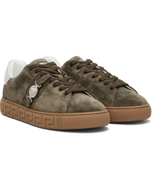 Versace Black Khaki Greca Embellished Suede Sneakers for men