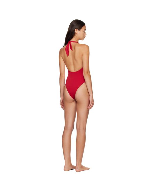 Balmain Red Studded Logo Halter Swimsuit