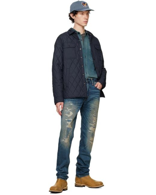 メンズ RRL ネイビー キルティング シャツジャケット Blue