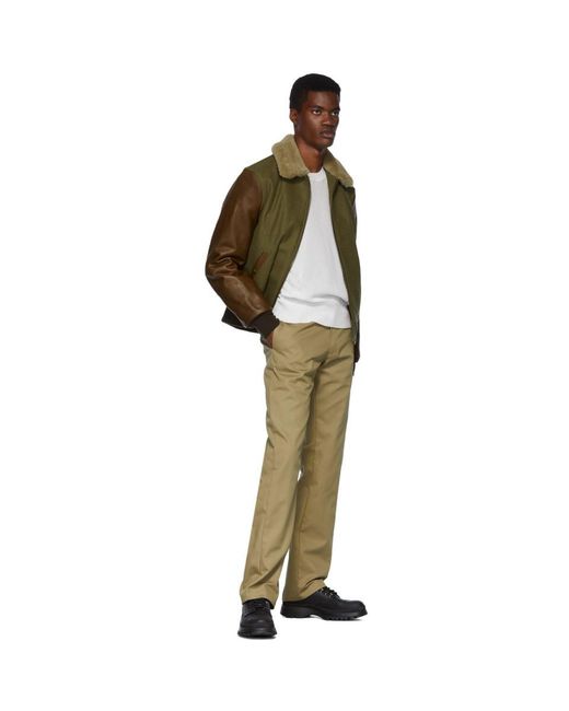 Schott Nyc Wool Khaki And Brown Leather B 15 Jacket In Olive