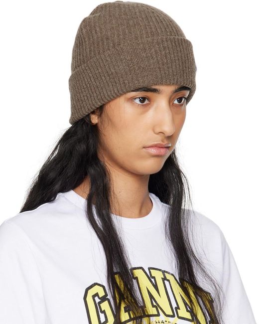 Ganni Gray Taupe Fitted Wool Rib Knit Beanie