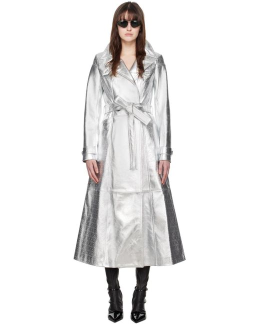 Marine Serre Silver Laminated Leather Trench Coat in Black | Lyst