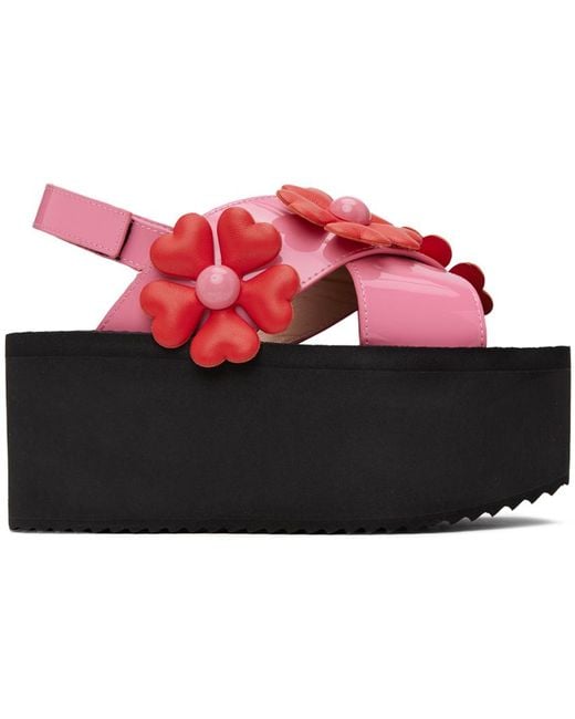 Moschino Black Pink & Red Heart Flower Wedge Sandals