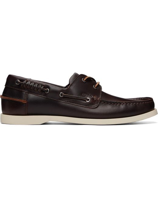 HUGO Black Leather Lacing Detail Boat Shoes for men