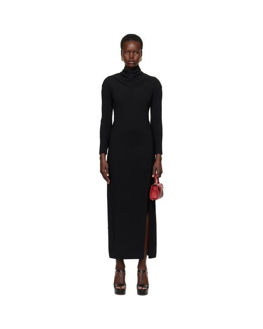 Versace Black Cady Draped-Neck Slit Maxi Dress