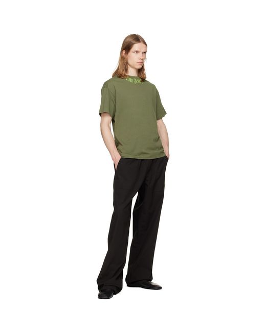 Palm Angels Green Khaki Neck Logo Regular T-Shirt for men