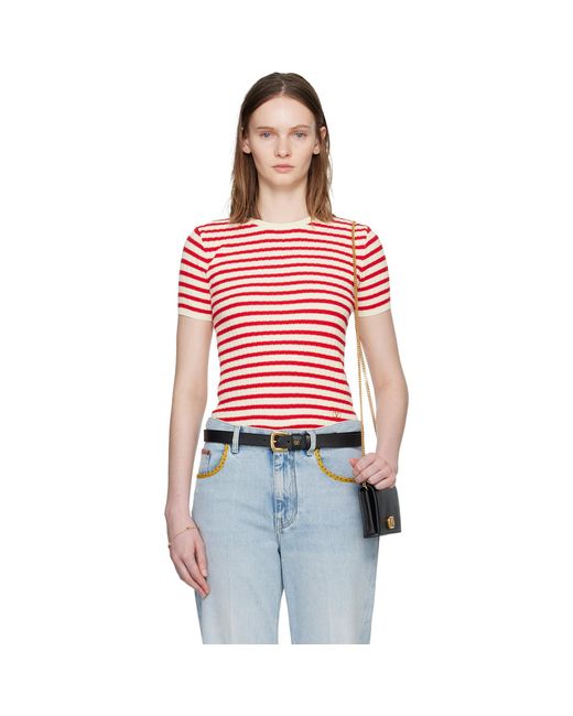 Valentino Red Knit Stripe Short Sleeve Sweater
