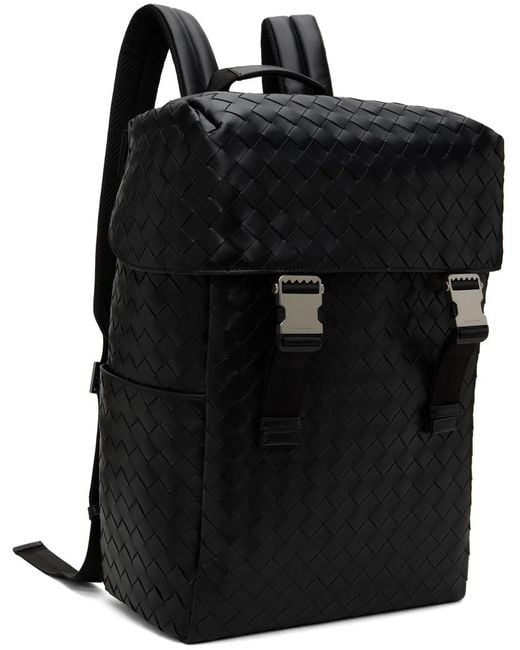 Bottega Veneta Black Intrecciato Flap Backpack for men