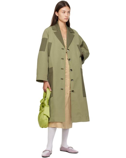 Ganni Green Notched-lapel Gabardine Coat
