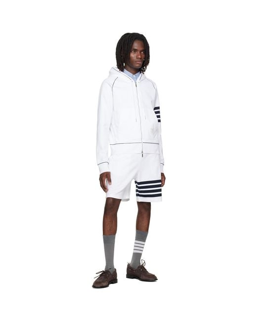 Thom Browne White Loopback 4-Bar Zip Up Hoodie for men