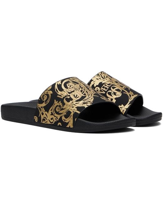 Versace Jeans Couture Black Baroque-print Textured Slides for men