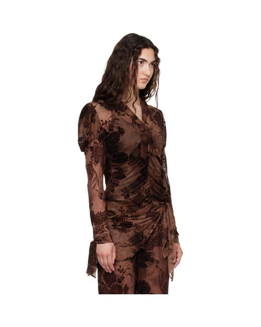 Anna Sui Brown Dahlia Tulle Knit Long Sleeve Blouse