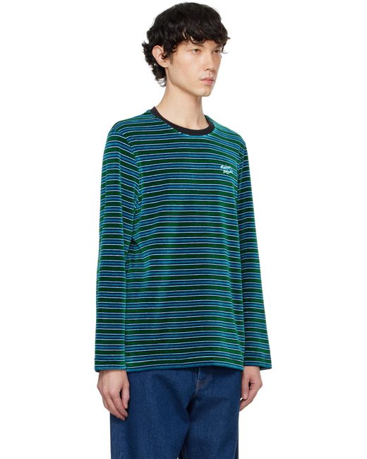 Maison Kitsuné Blue Striped Velvet Long Sleeve T-Shirt for men