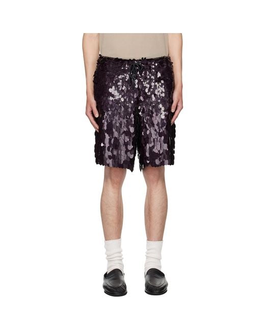 Dries Van Noten Black Burgundy Sequinned Shorts for men