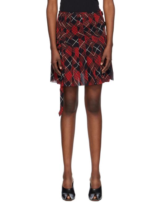 Jean Paul Gaultier Red Nylon Tulle Distorted Tartan Skirt