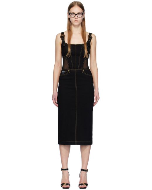 Versace Black Baroque Buckle Denim Midi Dress