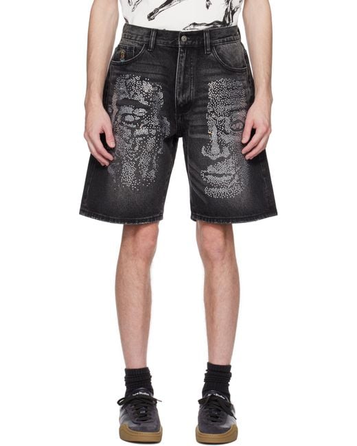 メンズ Kidsuper ブラック Rhinestone Face デニムショートパンツ Black