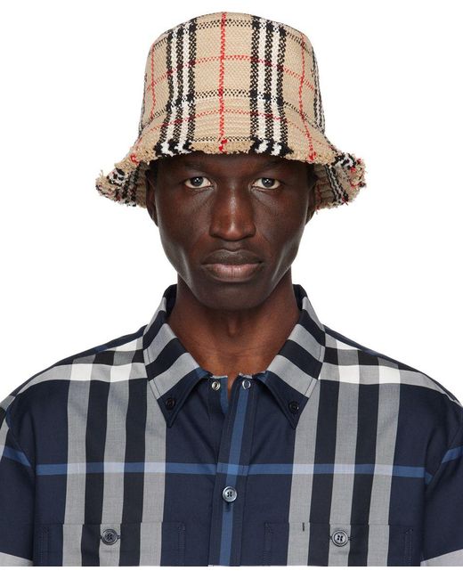 Burberry Beige Check Bucket Hat in Blue for Men | Lyst
