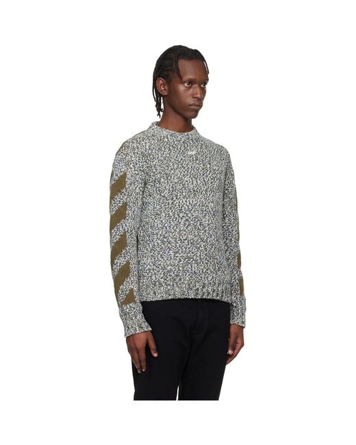 Off-White c/o Virgil Abloh Gray Khaki Diagonal Arrow Mouliné Knit Crewneck Sweater for men