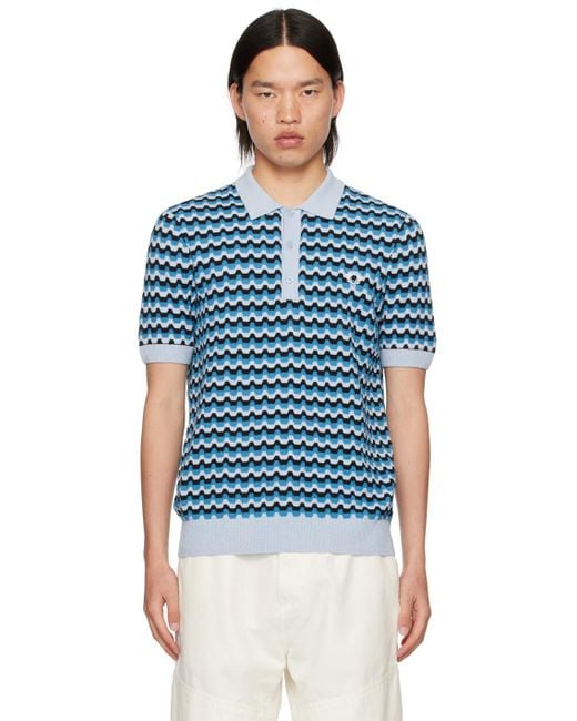 メンズ Fred Perry F Perry ブルー ジャカード ニットポロシャツ Blue