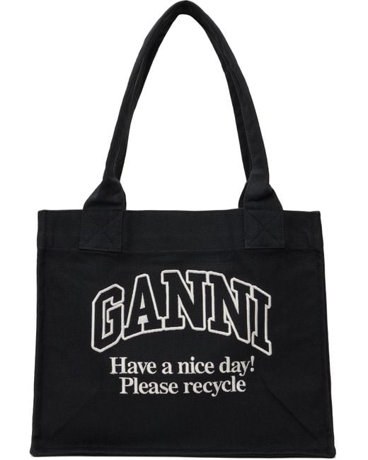 Ganni ブラック ラージ コントラストロゴ キャンバス トートバッグ Black
