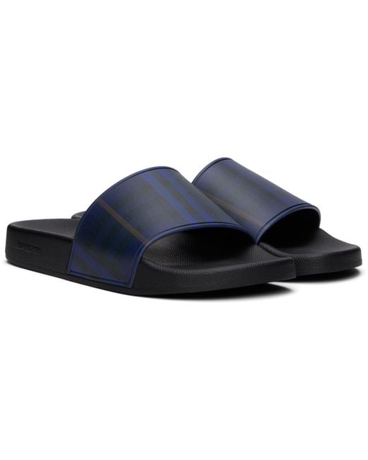 メンズ Burberry ネイビー チェック プールスライド Black