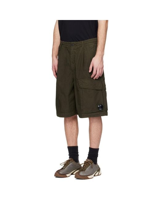 C P Company Black Khaki Micro-Reps Boxy Lens Shorts for men