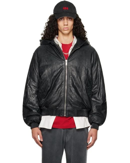 424 Black Padded Leather Jacket for men