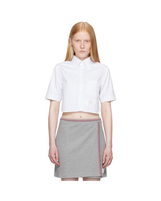 Thom Browne White Pinstripe Poplin Cropped Short Sleeve Shirt