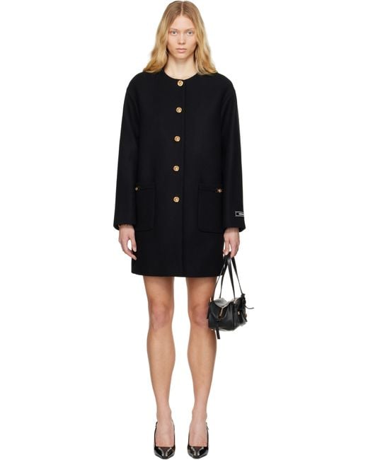 Versace Black Collarless Felted-wool Long Coat