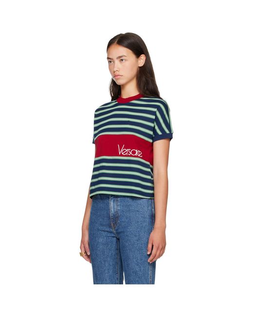 Versace Blue Embroidered-Logo Striped-Intarsia Cotton T-Shirt