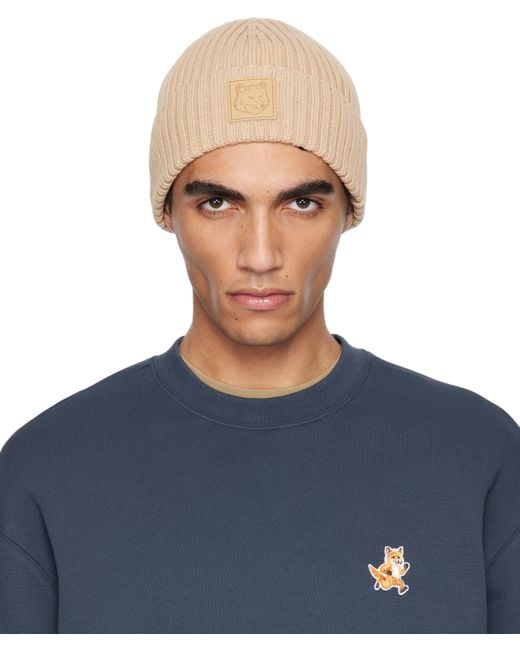 メンズ Maison Kitsuné ベージュ ボールド フォックスヘッド パッチ ビーニー Blue