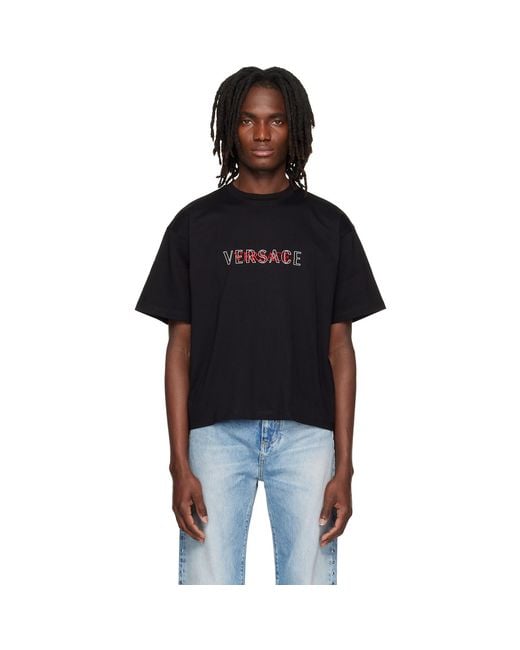 Versace Black Embroidered-Logo Cotton-Jersey Regular T-Shirt for men