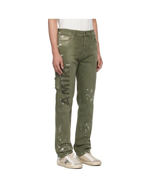 Amiri Green Khaki Army Logo Painted Slim Workman Jeans for men