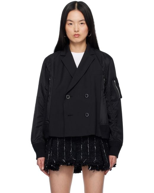 Sacai Black Suiting & Nylon Twill Bomber Jacket
