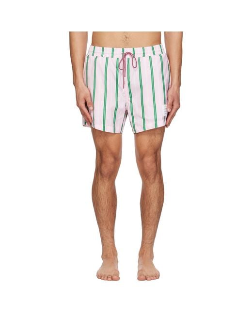 Thom Browne White Drawcord Waist Stripe Print Swim Shorts for men