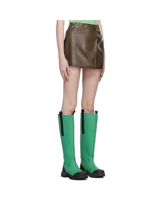 Ganni Green Brown Patent Faux-leather Miniskirt