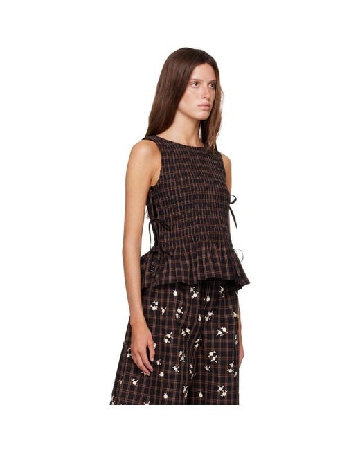 Ganni Black Yarn Dyed Check Smocked Tie String Top