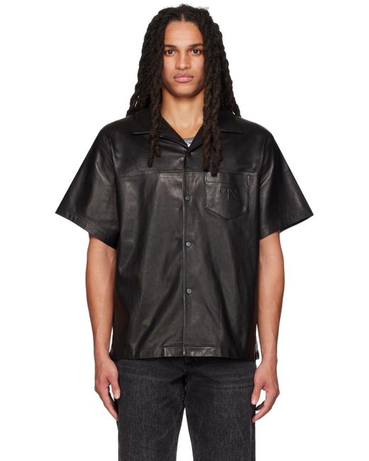 RTA Black Spread Collar Leather Shirt for men
