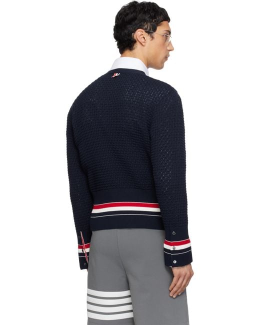 Thom Browne Blue Float Ripple Stitch Rwb Cardigan for men