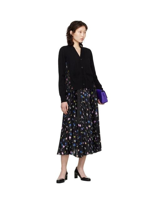 Sacai Black Floral Print Cotton Knit Cardigan