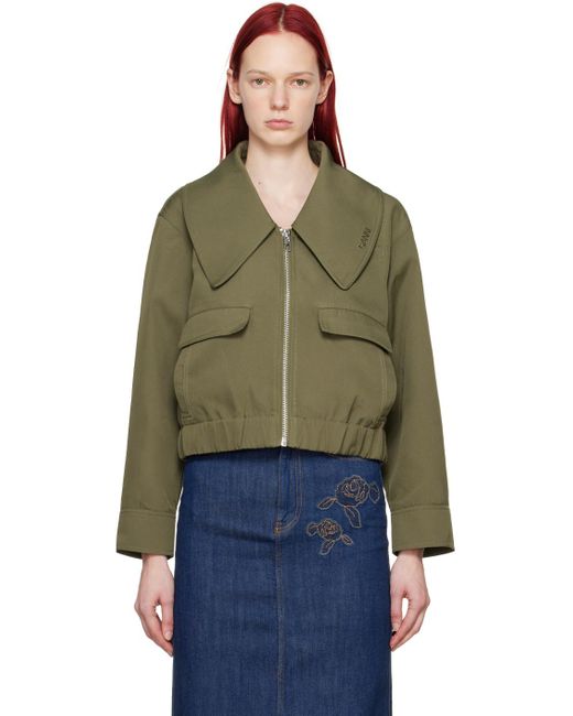 Ganni Green Heavy Twill Wide Collar Short Jacket